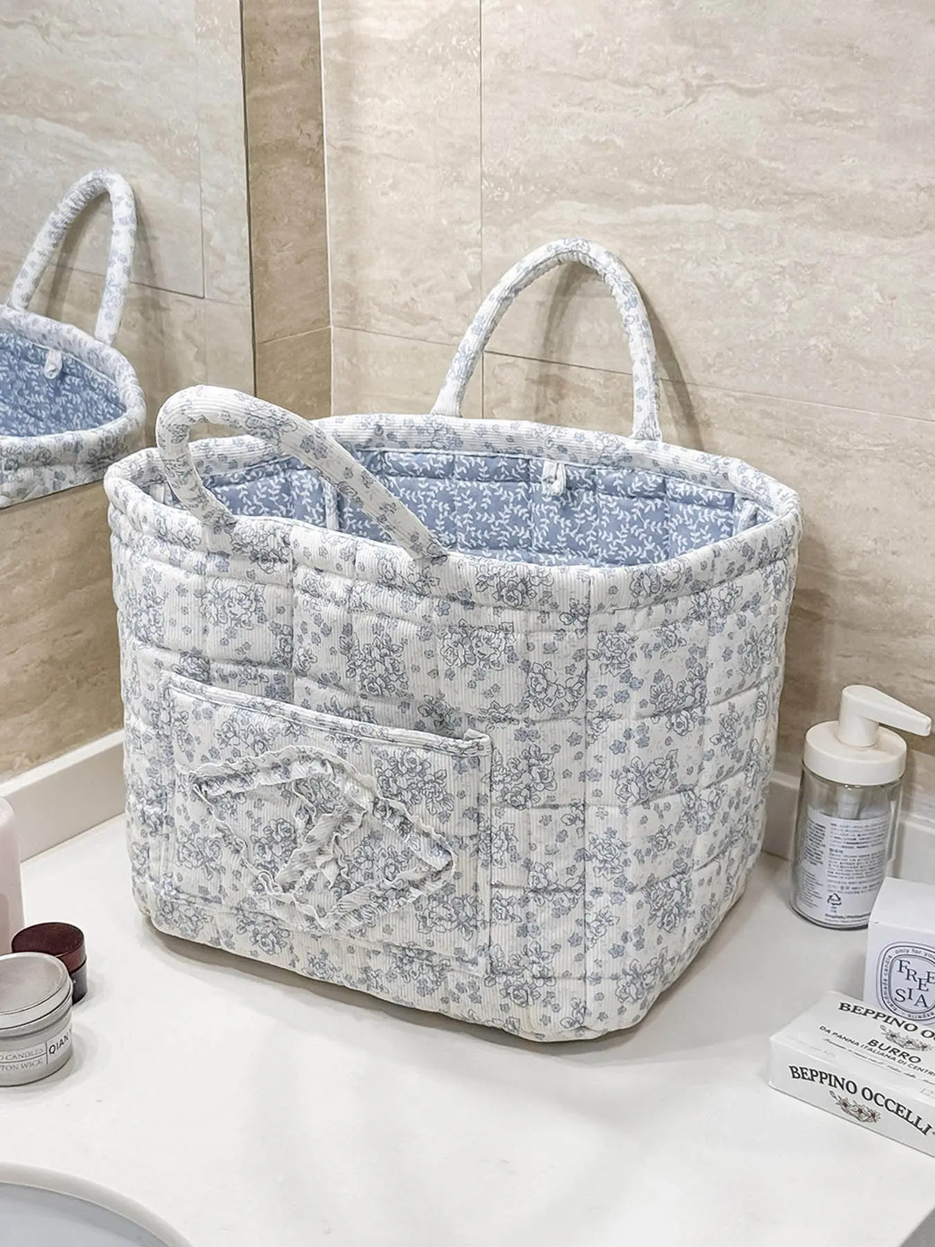 Car Corduroy Storage Basket, Toiletries Basket, Carrying Basket, High Aesthetic Small Fresh Design, Foldable Organizer for Home & Car Use, All-Seasons Essential