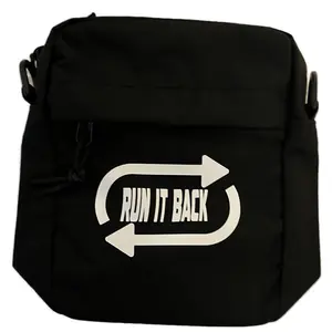 RUN IT BACK CROSSBODY BAG ideal for everyday, black with white logo, comes with adjustable strap and compact design.