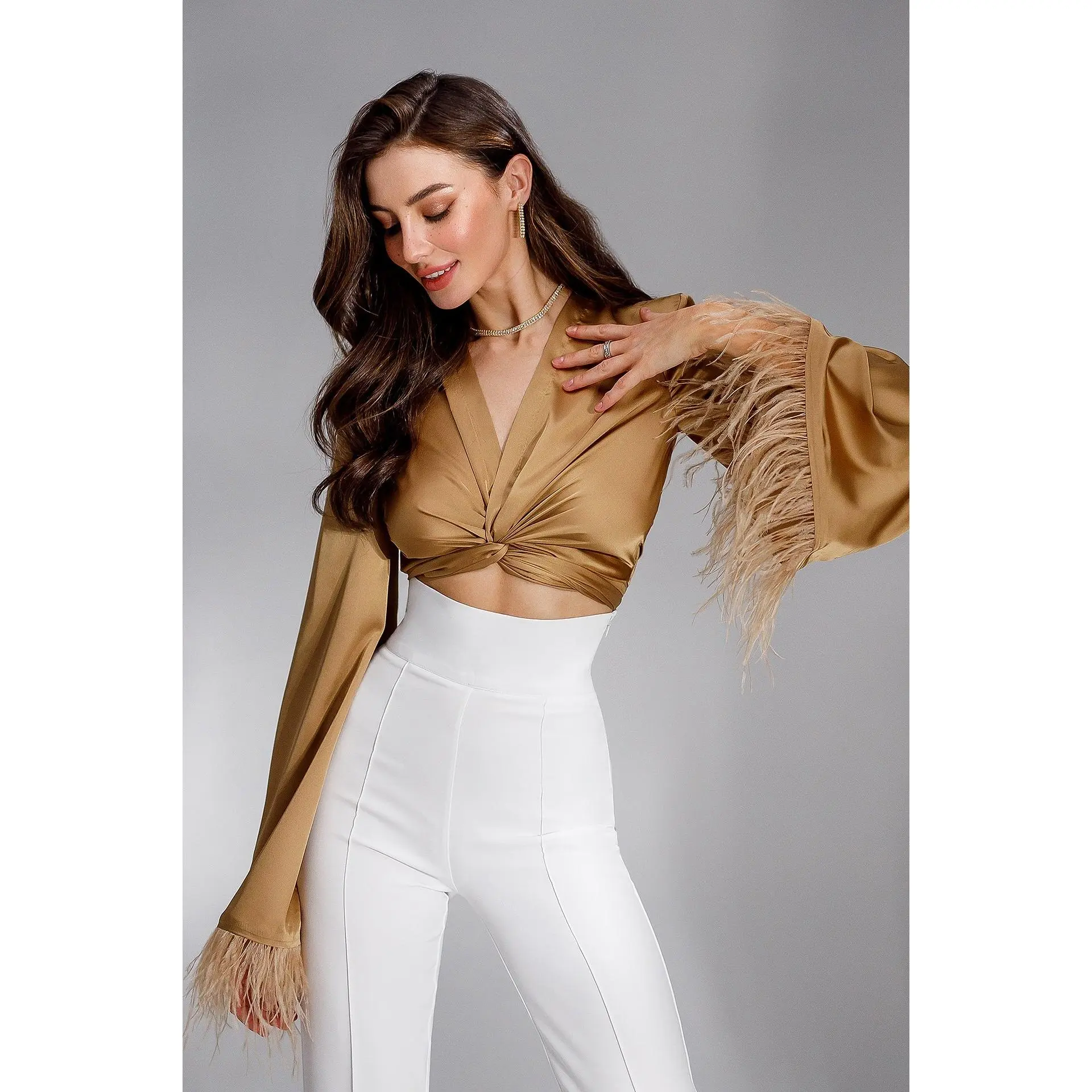 Brown Silk Feather Sleeve Blouse
