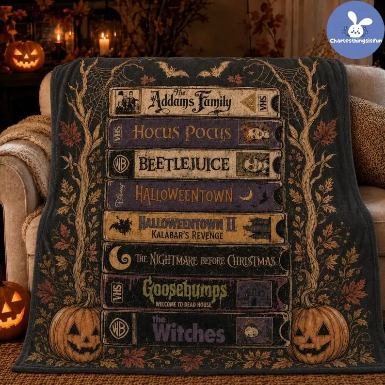 Vintage Halloween VHS Fleece Blanket, Retro Horror Movie Tape Throw, Spooky Season Blanket, Cozy Fall Home Decor, Halloween Gift