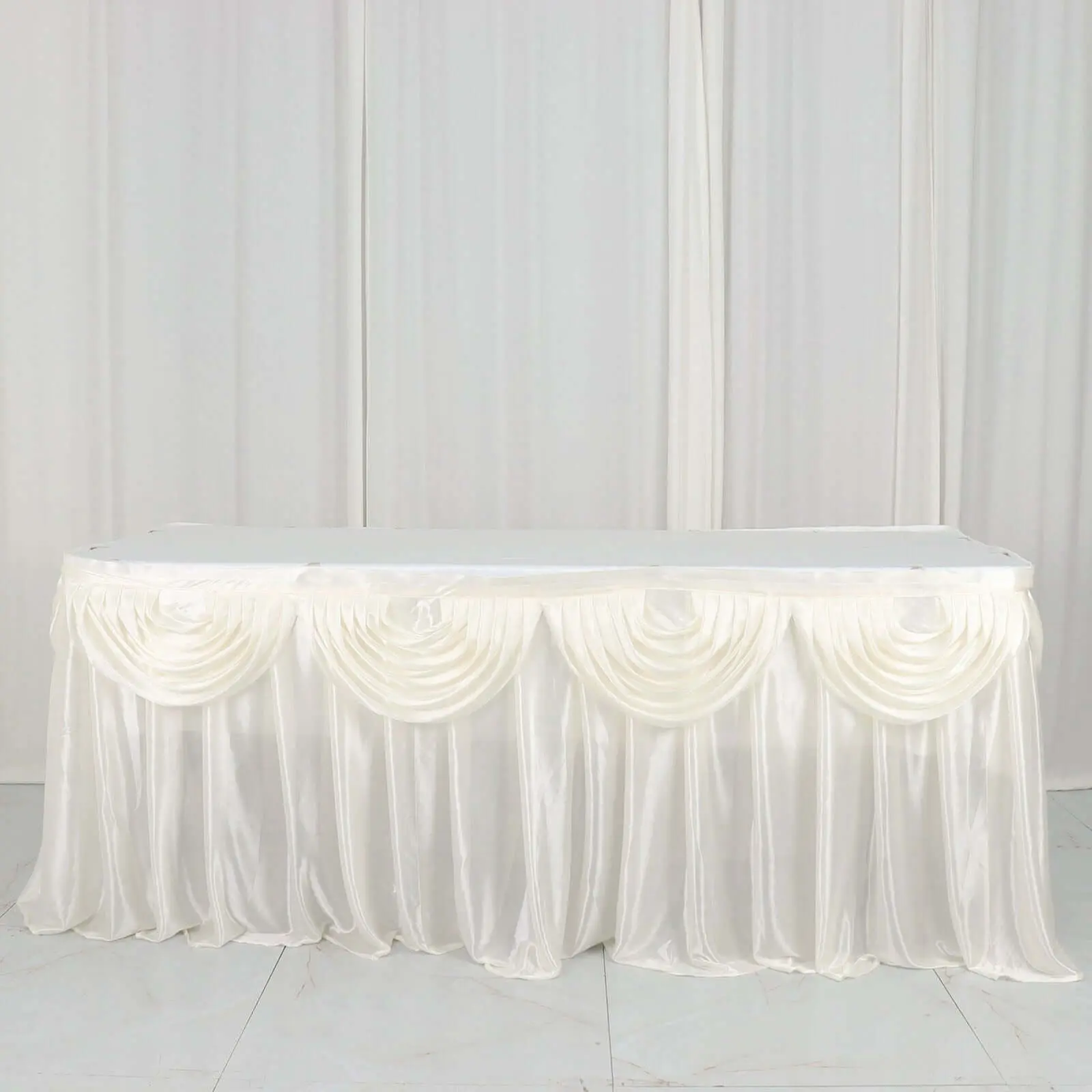 Satin Table Skirt - 14ft Ivory Pleated Double Drape Cover, Table Covering for Party Decor, Jewellery Shows Display, Proms
