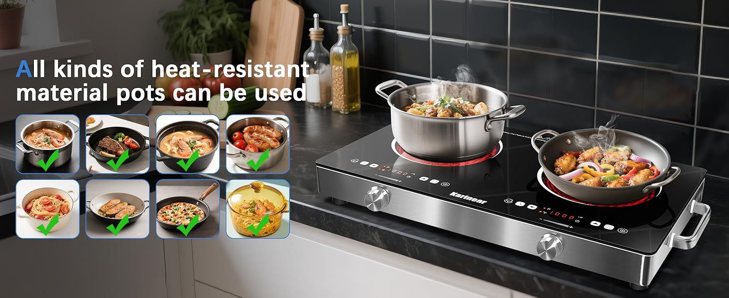 Karinear 2000W Portable Electronic Induction Cooktop - Double Burner Energy-Saving Multi-Function Induction Hobs, Cooking Equipment with Handle, Child Safety Lock, Knob & Touch Controls, 9-Level Adjustable Temperature, US Plug Kitchen Appliance Karinear 2000W Portable Electronic Induction Cooktop - Double Burner Energy-Saving Multi-Function Induction Hobs, Cooking Equipment with Handle, Child Safety Lock, Knob & Touch Controls, 9-Level Adjustable Temperature, US Plug Kitchen Appliance