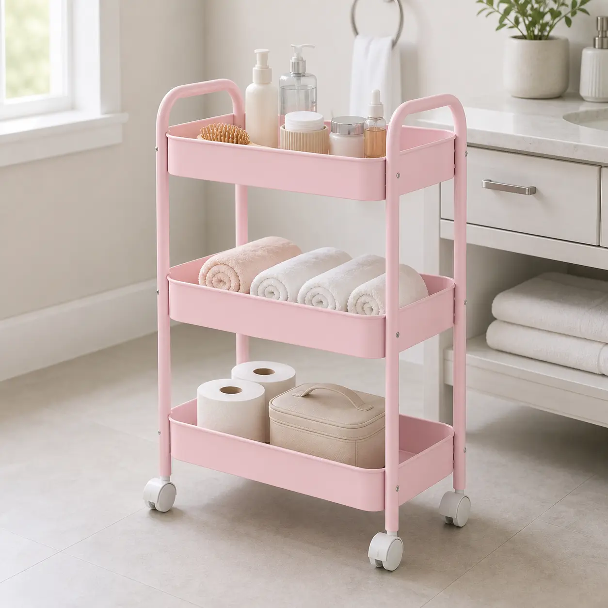 3 Tier Pink Rolling Utility Cart, Heavy Duty Metal Storage Organizer with Lockable Caster Wheels and Double Handles, Mobile Storage Trolley for College Dorm Room, Kitchen, Bathroom, Bedroom, Office, Pantry, Laundry Room, Craft and Makeup Supplies