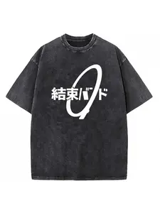 Washed Cotton T-Shirt for Men and Women Vintage Women Printed T-shirts Bocchi Music Band Anime Bocchi The Ro Wad Cotton O-Ne Short Sleeve Tops T-shirt, 6 sizes available for 4 seasons Universal, Crew Neck, Washed Black, Men, Women, Casual, Vintage T-Shirt