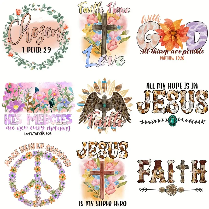 9pcs Faith Iron-On Heat Transfer Stickers, Heat Press Patch DIY Handcraft Clothing Heat Transfer Art for T-Shirts, Masks, Jeans, Backpacks, Crafts, Craft Supplies