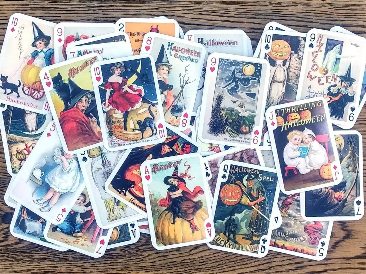 Vintage Halloween Playing Cards Deck, Antique Postcard Art, Illustrated Poker Card Set