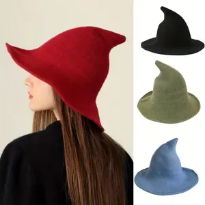 Wool Blend Pointed Knitted Hat For Women, Solid Color Crochet Witch Hat for Halloween Christmas New Year, Perfect Daily Wear for Fall Winter