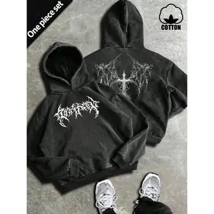 Men’s retro washed metal-style hooded sweatshirt with a thorny cross pattern, made from soft cotton fabric—spring and autumn streetwear GARMENTARY