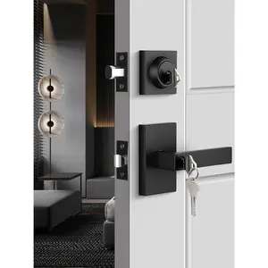 Black Exterior Door Lock Set, Front Door Lock Set with Deadbolt, Square Contemporary Matte Black Heavy Duty Zinc Alloy Exterior Door Handle (1 Pack)