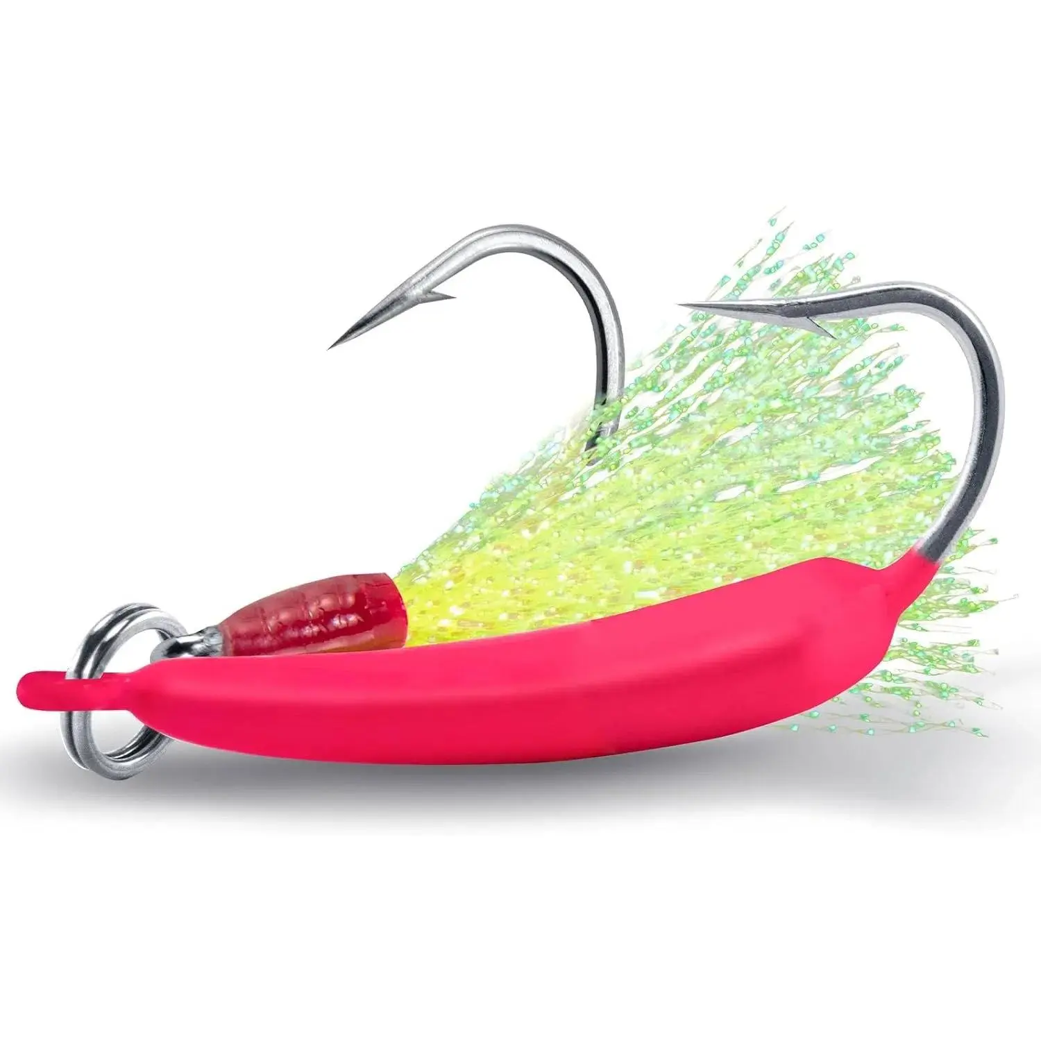 Pompano Jigs 5 Pack with Teasers, Versatile Banana Shape Lures with Durable High-Carbon Steel Hooks, Sand Flea Jigs for Shore and Surf Fishing, Teaser Hooks, Beach, Powder Coated, High Visibility Flash Hair, Saltwater, Increases Success Chances, Unique Ba