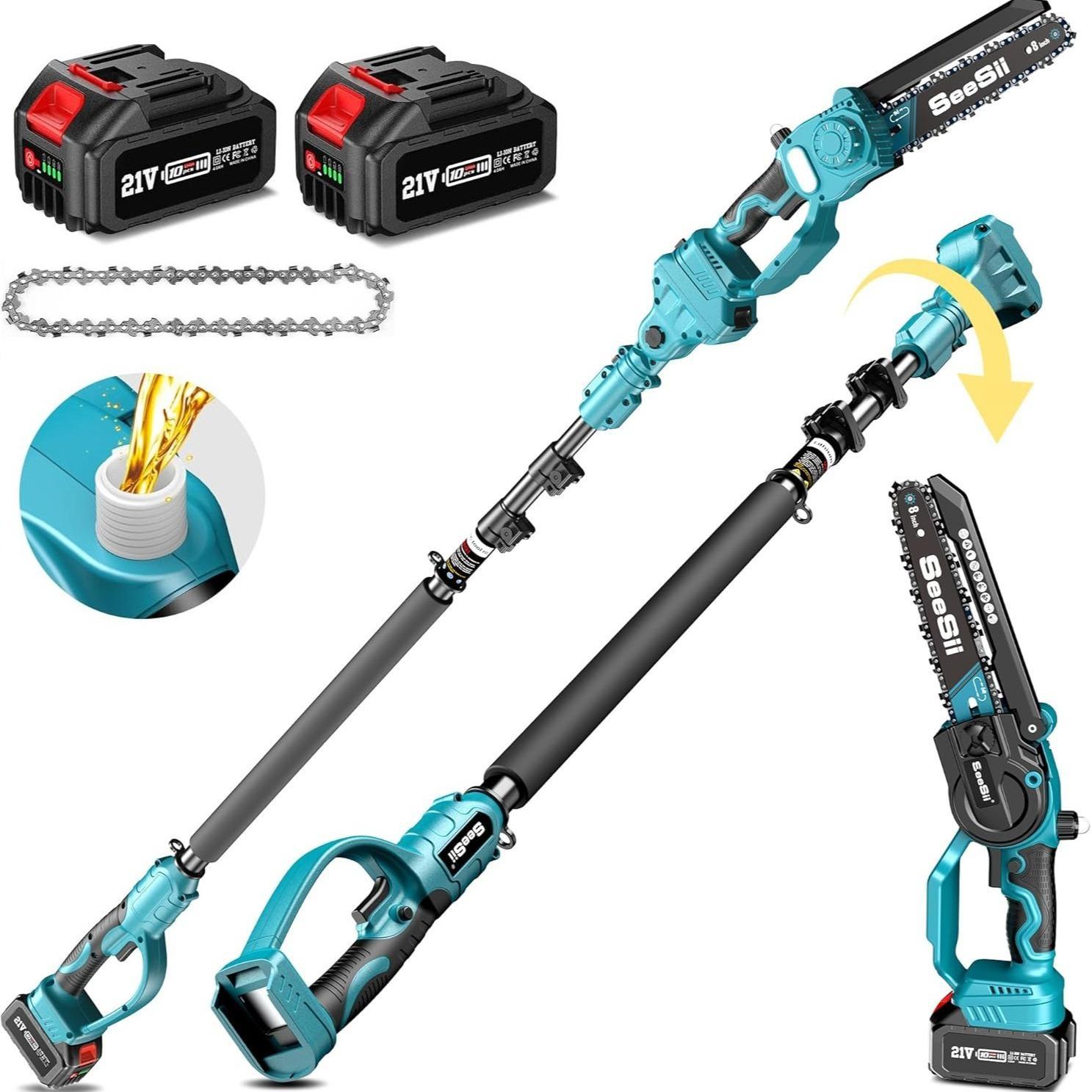 SeeSii 2 in 1 Cordless Pole Saw & Mini Chainsaw with 2 Batteries, Power Electric Polesaw for Tree Trimming, Chain Saw wi