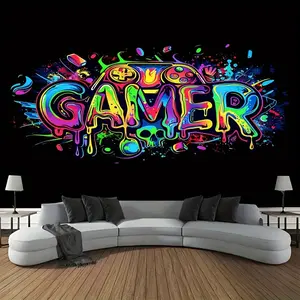 1 Sheet, Vibrant Futuristic Gamer Tapestry Wall Hanging - Stunning Colorful Polyester Woven Home Decor for Bedroom, Living Room, Office - Easy to Install, Comes with Free Kit, Durable