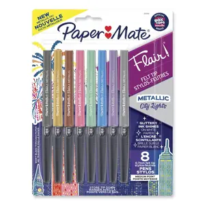 Paper Mate Flair Metallic Porous Point Pen, Stick, Medium 0.7 mm, Assorted Ink and Barrel Colors, 8/Pack