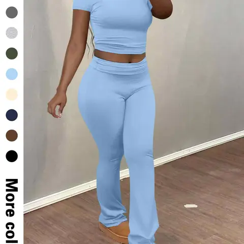 Women's Solid Color Crop Tee & Flare Leg Pants Two-piece Set, Bodycon Set, Casual Chic Fashion Cozy Round Neck Short Sleeve Top & Trousers for Daily Outdoor Wear, Ladies Clothes for Summer