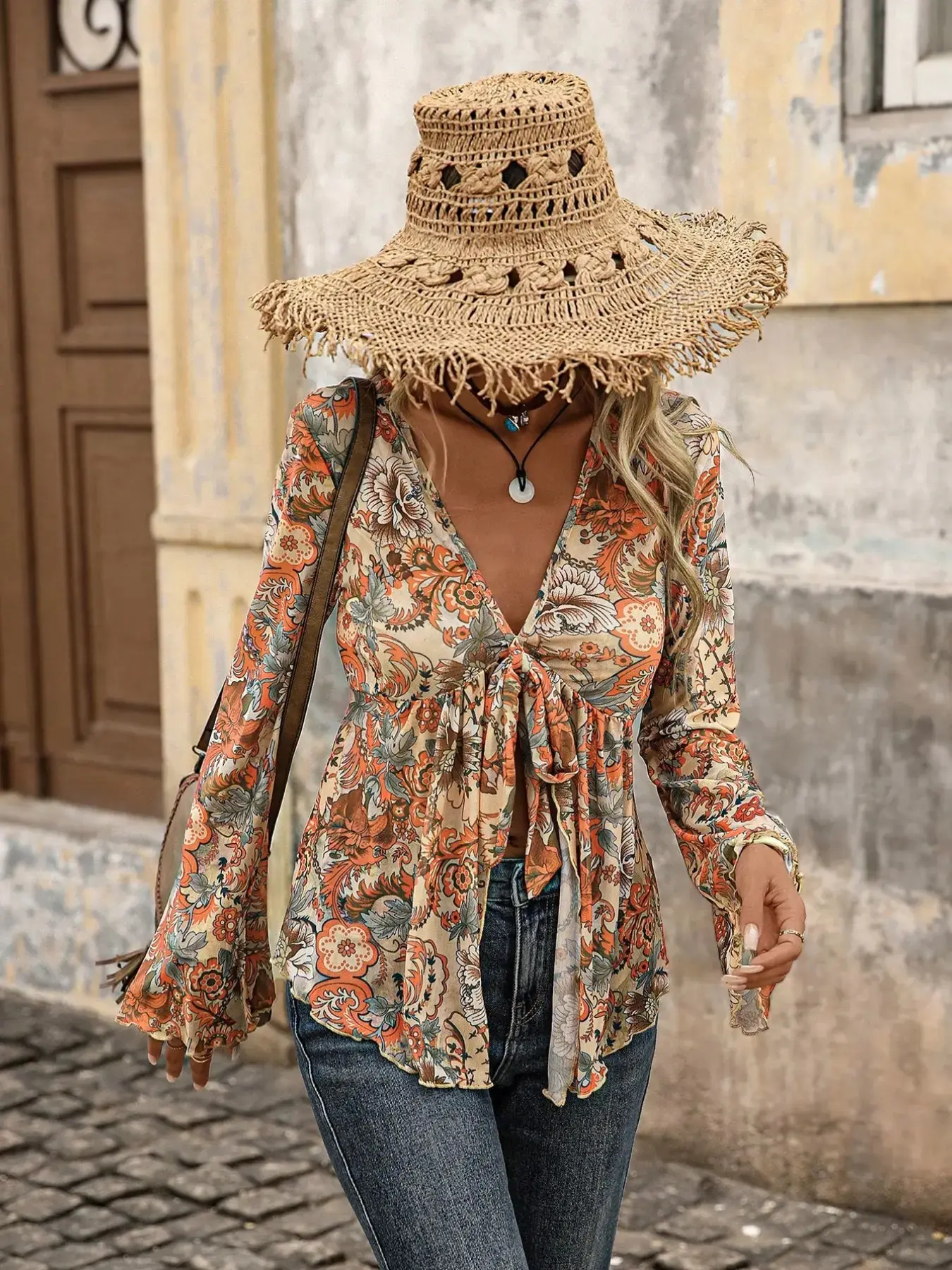 Women's Bohemian Print V-Neck Fitted Top, Flare Sleeve Split Bow Design, Casual Spring Summer, Perfect for Vacation and Leisure
