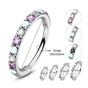 Oufer 20G Opal and CZ Gems Hinged Segment Nose Hoop Ring 316L Stainless Steel