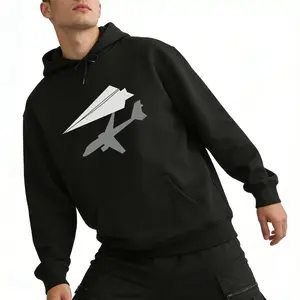Stylish Black Graphic Hoodie, Airplane Theme, Long Sleeve and Lightweight for Year-Round Wear