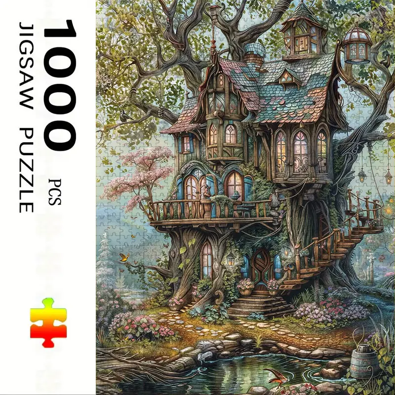 1000 Piece Treehouse Theme Jigsaw Puzzle, Large Adult Family Interactive Toy, DIY Home Decor Brain Challenge Puzzle Game, Holiday Scene, Perfect Gift
