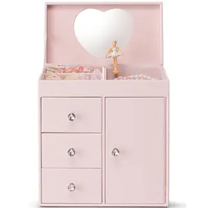 VLANDO Classic Musical Rectangle Jewelry Box for Girls - 4-Layer Storage Organiser with Ballerina, Drawers for Rings, Necklaces, Hair Cords, Bracelets, Kids' Birthday/Christmas Gift, Home Decor Beauty Organizer