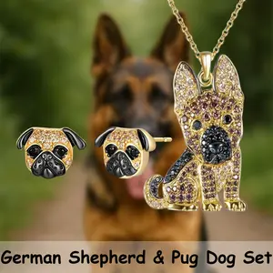 3 Pcs/Set Gorgeous Golden German Shepherd Alloy Pendant Necklace and Lovely Pug Earrings Jewelry Gift Set - Exquisite Birthday, Christmas, Anniversary Present for Family, Friends, Dog Enthusiasts