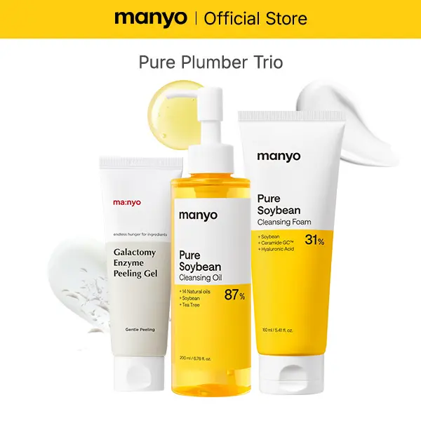 [manyo] Pore Plumber Trio (Galactomy Enzyme Peeling Gel 75ml + Pure Cleansing Oil 200ml + Pure & Deep Cleansing Foam 200ml) 3-Step Double Cleansing Set for Face, Dead Skin & Blackhead Remover, Korean Skin Care