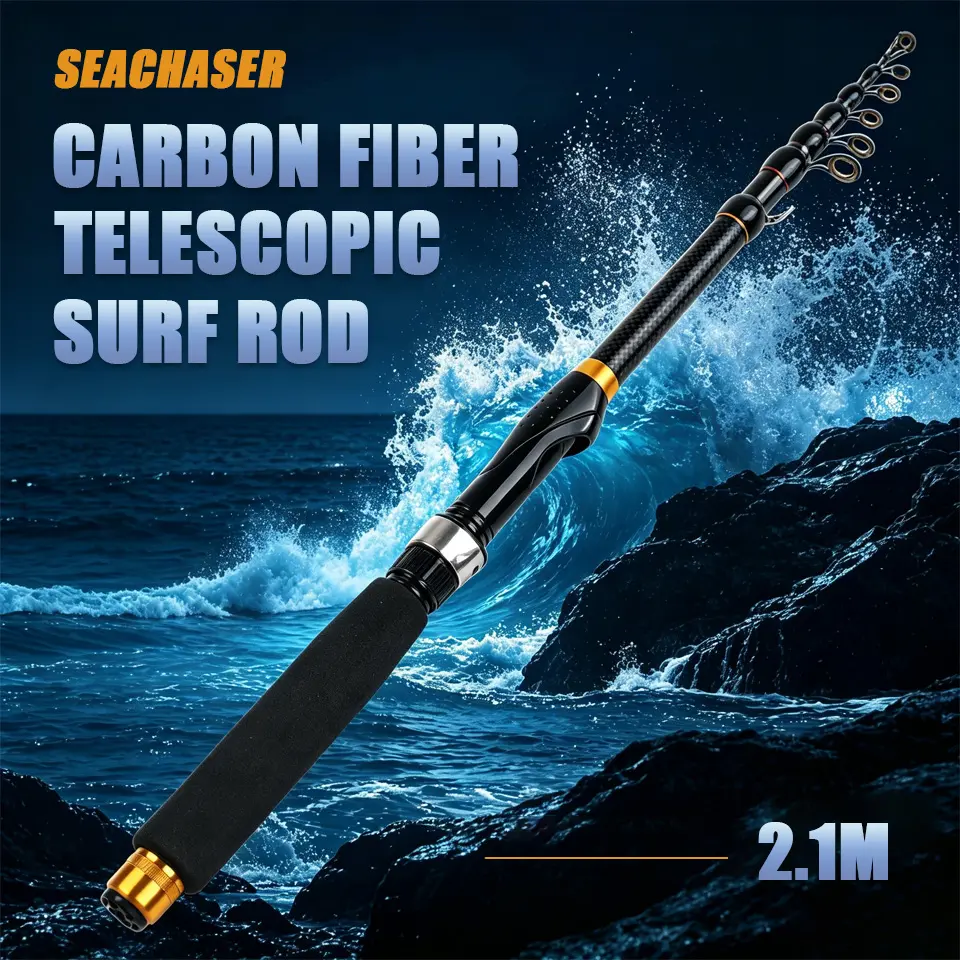 SEACHASER Carbon Fiber Telescopic Surf Rod, 2.1M Compact Length Functional Fishing Pole for Coastal Fishing, Spin Casting Adventures