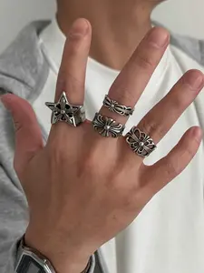 Men's Silver Color Cross Star Texture Ring Set, Vintage Dark Style Daily Wear, Zinc Alloy Material, All Seasons Jewelry
