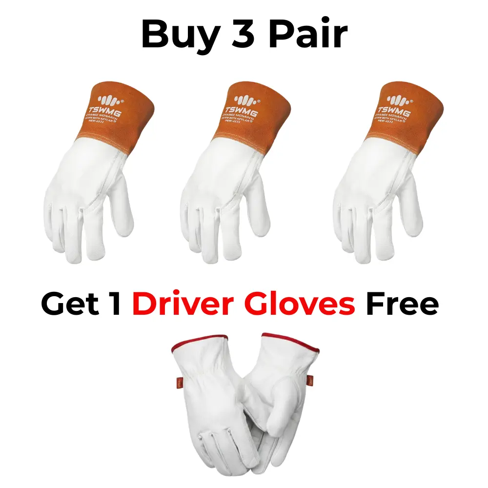 TSWMG Premium Orange Monarch, Sewn With Kevlar | Grain Goatskin Gloves Orange Soft Aniline Leather MIG TIG Gloves 4.5 Split Cowhide Cuff Heat Resistant Kevlar Stitched Safety Work Gloves for Welders