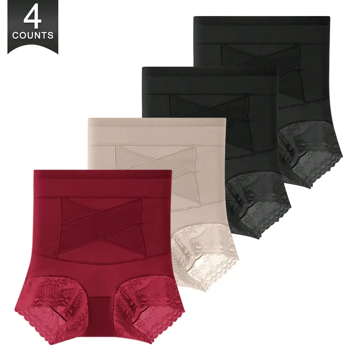 4 Pack Women's Lace Briefs, High Waisted Solid Elastane Panties with Crisscross Tummy Control, Butt Lifting Compression