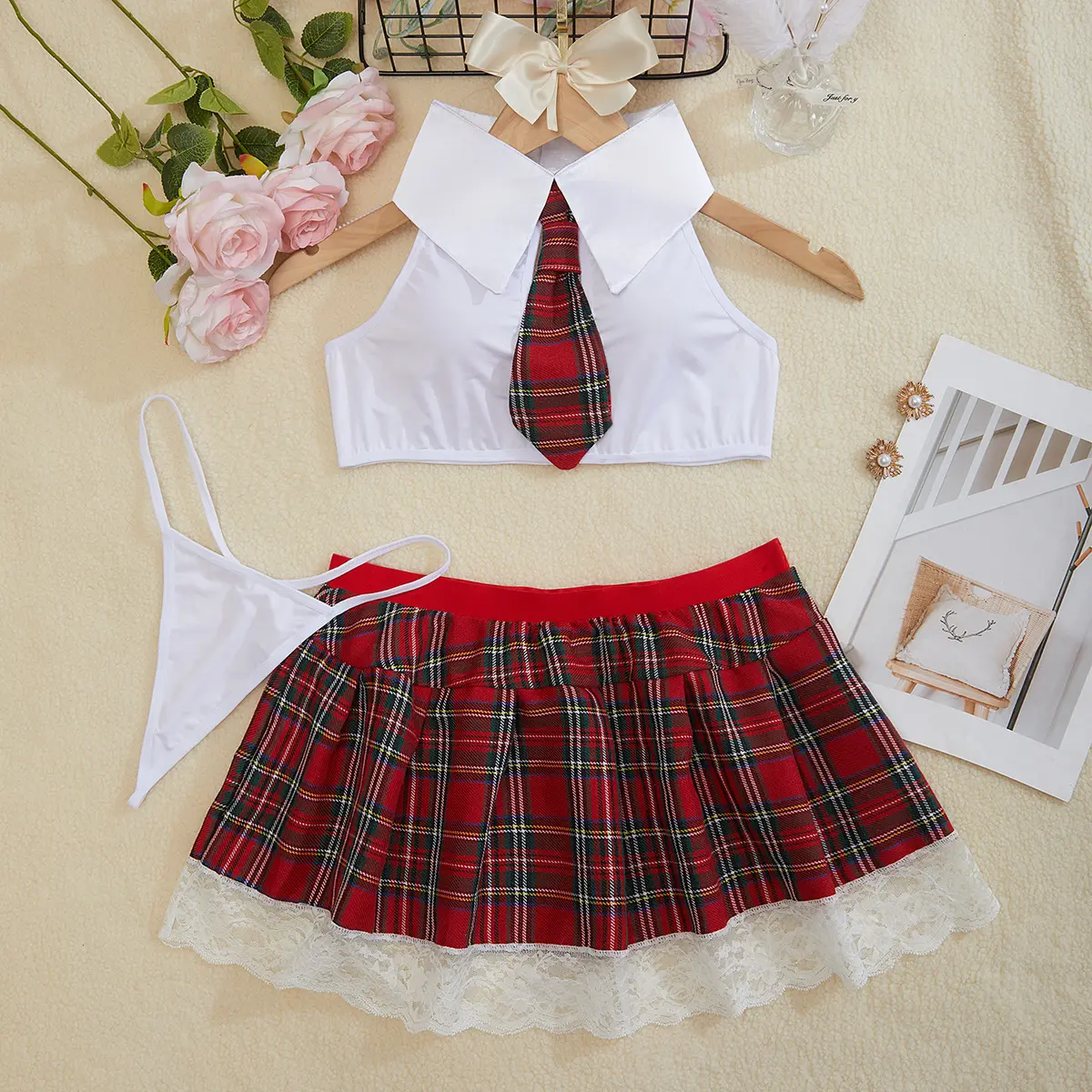 Women’s plaid role-play outfit set, tie-detail crop top and mini skirt costume, Halloween party cosplay clothes, trendy themed outfit
