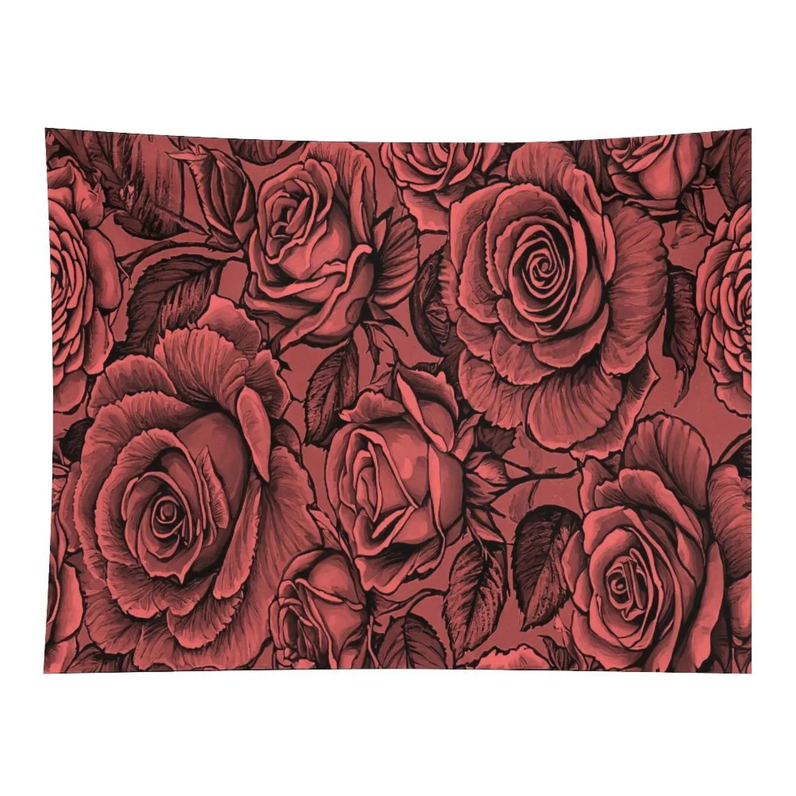 Deep Red Monochrome Vintage Sketch Rose Floral Dense Flower Pattern Gothic Romantic Wall Tapestry For Moody Bedroom Wall Decoration