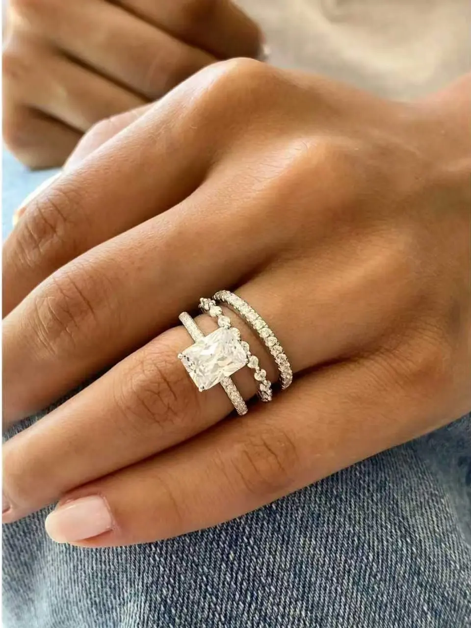 3-Piece Silver Radiant Cut Bridal Ring Set for Women, Sparkly Square Crystal Wedding & Engagement Rings, Luxury Promise Jewelry Gift