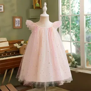 2026 New Summer Dress for Girl Pink Fluffy Gauze Dress Elegant Sequins Flying Sleeves Mesh Princess Dress Ruffles Kids Birthday Party Dress