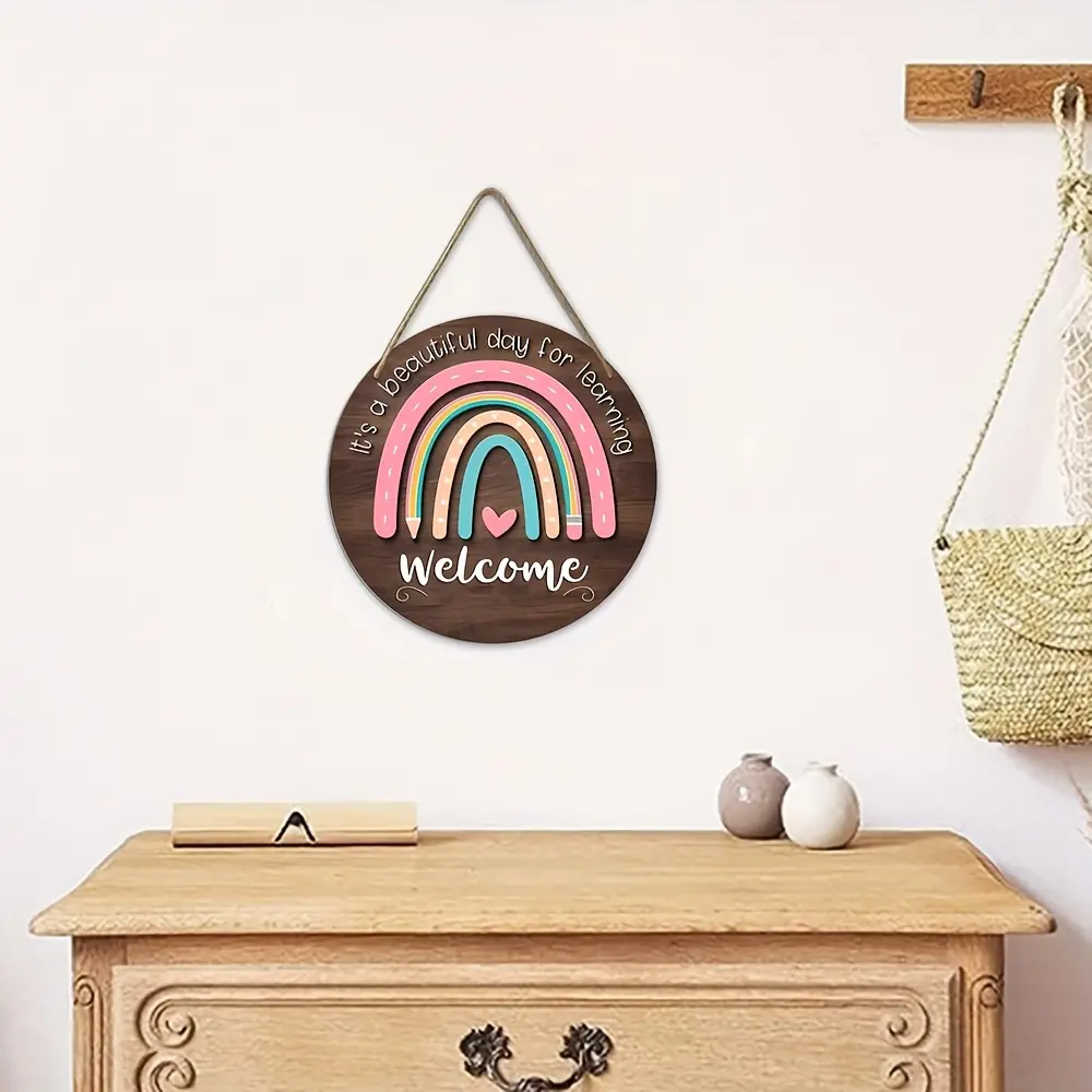 1pc Wooden Classroom Door Sign - Rainbow Welcome Plaque- Perfect for Back-to-school Season, Teacher Gift, Return School Gift, School & Classroom Wall Art Hanging Decor, 7.87in/11.81in Ornaments Hangable