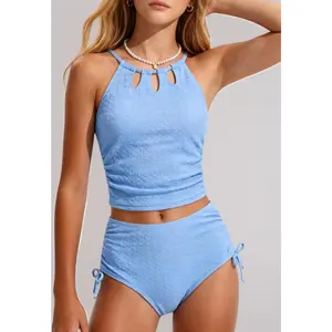 Girls' 2-Piece Tankini Swimsuit Set for Teens (7-16Y) - Adjustable Halter Straps, High-Waisted Bottoms, Removable Pads, Modest Design for Pool, Beach