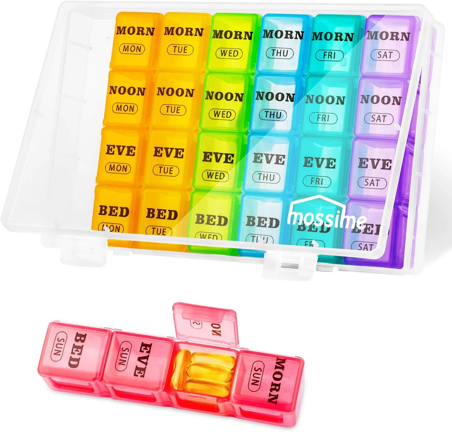 Mossime Pill Organizer 4 Times a Day, XL Weekly AM PM Pill Box, 7 Day Large | Extra-Large Fits Fish Oils, Detachable Daily Trays, Secure Snap-Lid, Monthly 28-Day Capacity, BPA-Free