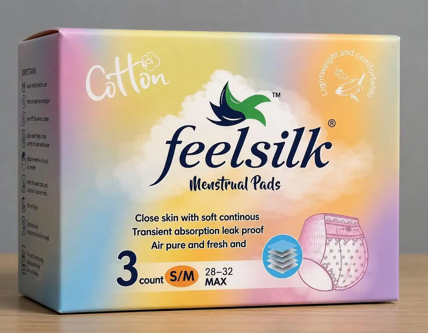 Feelsilk Menstural Pants 36 Count (12boxes x 3 pads) Cotton Soft, Leak Proof, Breathable, Lightweight, Size S/M Disposable Sanitary Pads