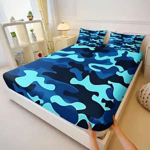 Gradient Blue Camouflage Pattern Bedding Set, Featuring a Soft And Comfortable Fitted Sheet Set. Perfect for Bedrooms With a Fresh, Cool Aesthetic, Oceanic Theme, or Military-Inspired Decor. Suitable for All Seasons.