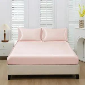 Solid Color Satin Fitted Sheet Set, 3 Counts/set Including 1 Count Fitted Sheet & 2 Counts Pillowcase without Filler, Soft Breathable Bedding Set for Home Bedroom, Satin Bed Sheets