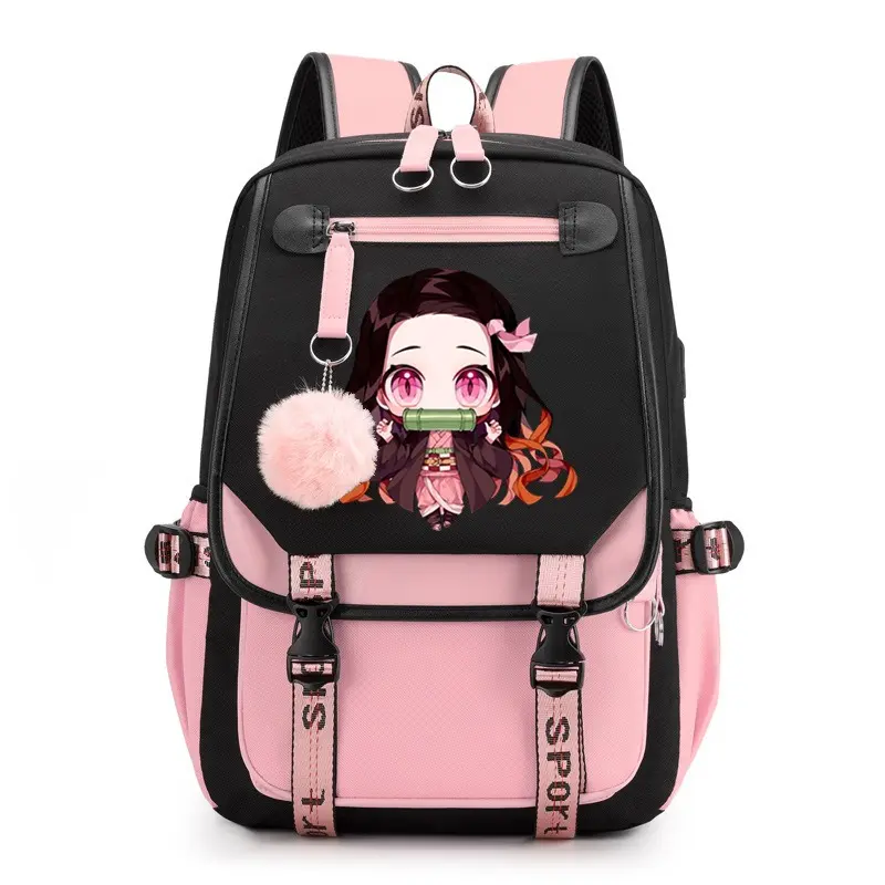 Men's Demon Slayer Anime Fashion Backpack, Large-Capacity Waterproof College Rucksack with Pom Pom Charm