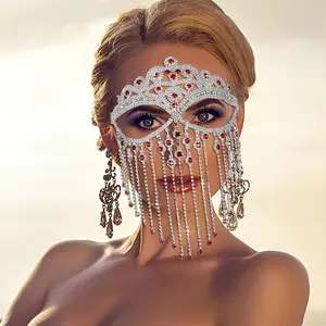 Tassel Mask Ball Ornament Mask |   Elegant Alloy Face Mask with Red and Silver Charms for Festive Occasions