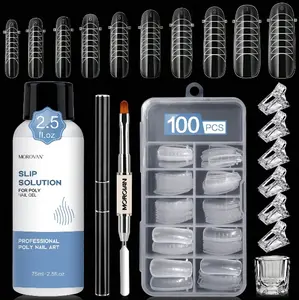 MOROVAN 2.5oz 75ml Slip Solution Kit for Poly Gel - Nail Tech Equipment with Nail Froms Anti-Stick Gel Liquid with Dual-Ended Brush 100PCS Nail Forms for Beginner