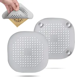 2 Pack Hair Drain Catcher,Square Drain Cover for Shower Silicone Hair Stopper with Suction Cup,Easy to Install Suit for Bathroom,Bathtub,Kitchen (Sliver Grey)