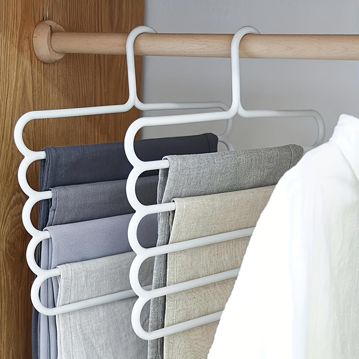 10 Pack 5-Tier Plastic Pants Hanger - Space Saving Closet Organizer with White Hooks, Multi-Functional Hanger for Pants Skirts Scarves, Durable Compact Storage for Apartment