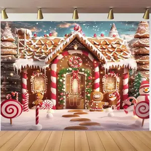 1pc 2D Flat Ft/ft Winter Christmas Party Background Snow Gingerbread dessert house cane sugar dessert cake Christmas tree decoration Christmas party Background Bath party Photography Background Family dinner Background P