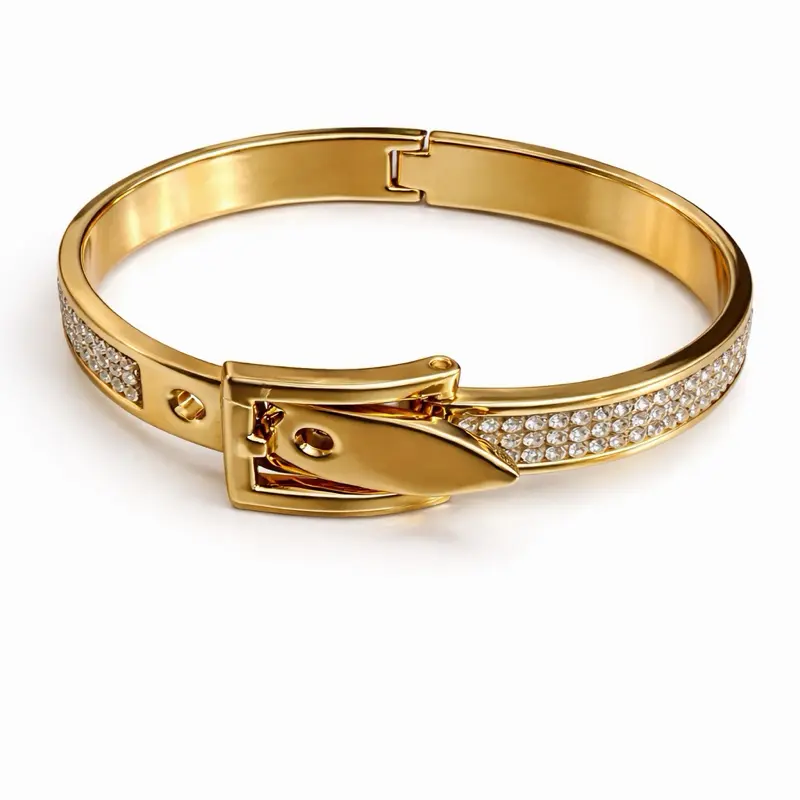 Elegant Gold Tone Bangle Bracelet with Rhinestone Accents and Buckle Design for Women