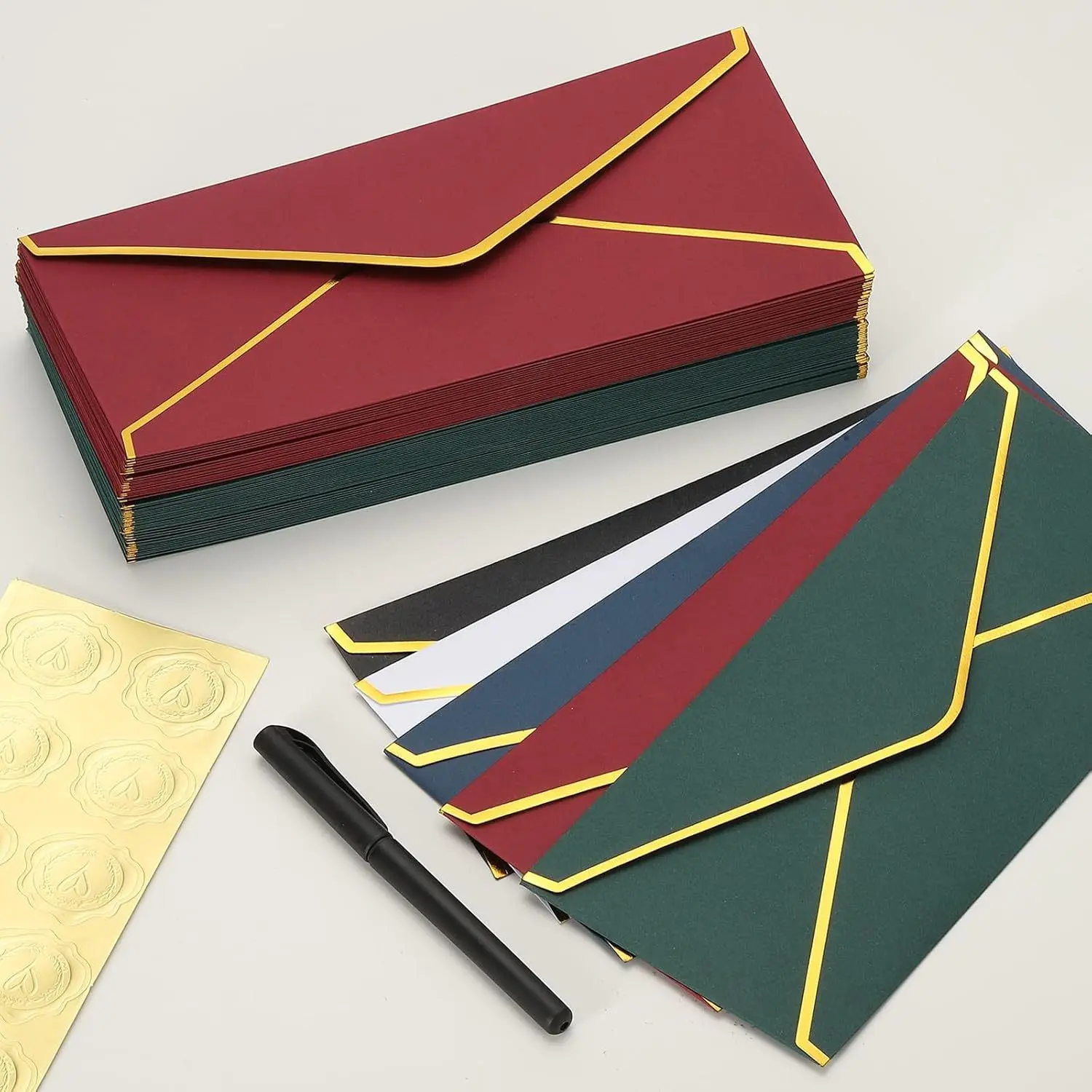 20 Pieces/Set - Luxury Envelope Set (including bronzing seals) | Five-color elegant wedding invitation envelopes and thank you cards | Suitable for birthdays, business events, Christmas occasions (10 envelopes + 10 bronzing seals)