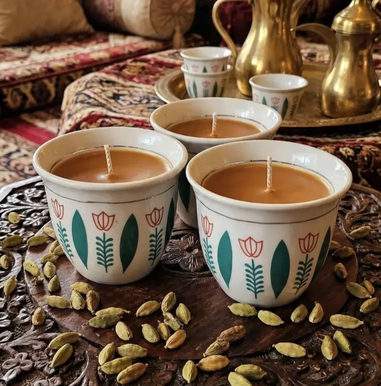 Cardamom, Rose Oud, or Vanilla Scented Arabic Coffee Candle | Organic Soy & Color-Changing Wax | Traditional Finjan Cup | Ink and Infuse