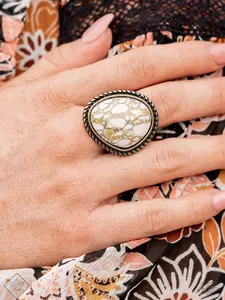Take the High RODEO - Brass Rope Textured Frame with Large Brown and White Marbled Stone Brass Stretchy Ring