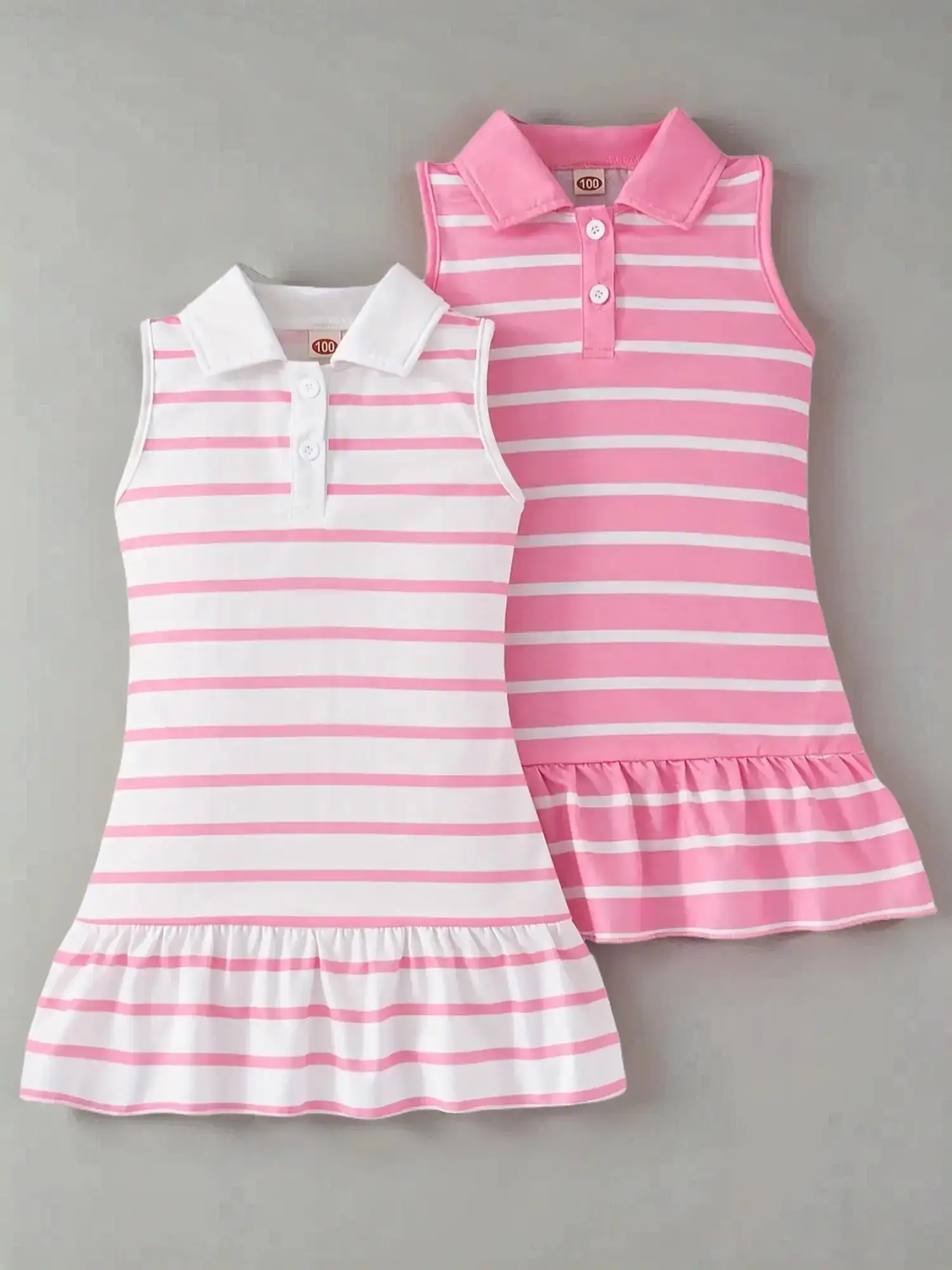 Girl's Striped Print Collared Dress, Casual Sleeveless Knit Dress for Summer, Kids Clothes for Daily Wear, Girl Clothes, Striped Printed Dress, Spring